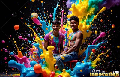 In a dark studio, two smiling men sit surrounded by splashes of yellow and blue paint