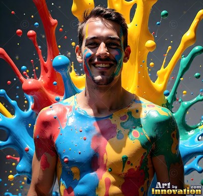 Smiling with yellow and blue paint on his chest, a man stands before splattering paint