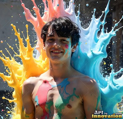 Grinning man splashed with yellow and blue paint outdoors