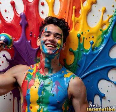 Covered in splashes of blue and yellow, a cheerful man leans against a white wall with flying paint splatters behind him