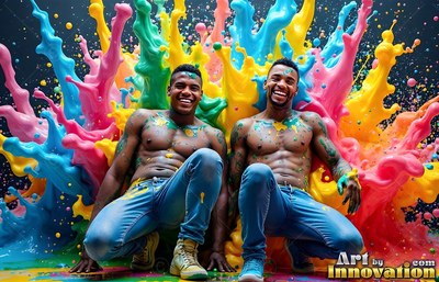 Two shirtless men crouch and smile before thick splashes of pink and blue paint