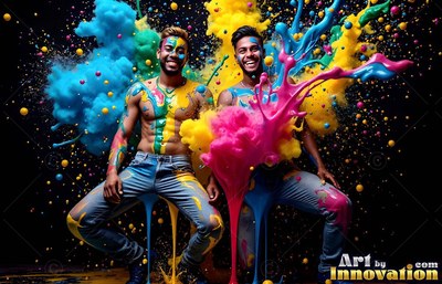 Sitting in a dark room, two smiling shirtless men are covered in pink and blue paint