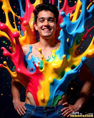 A man with a smile stands with hands on his hips as thick blue and yellow paint splashes around him