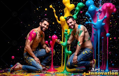 In a dark studio, two shirtless men kneel beside tall splashes of colorful paint