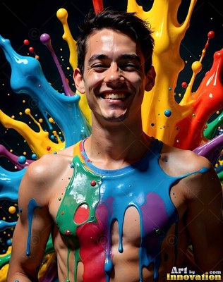 Smiling broadly, a shirtless young man is splashed with blue and yellow paint