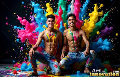 Two smiling shirtless men in jeans crouched before splashes of colorful paint