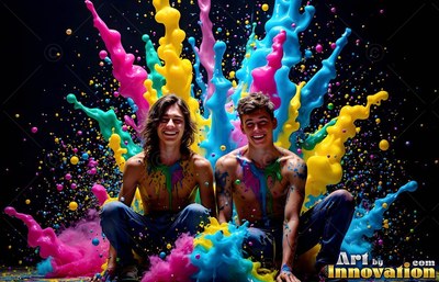 Paint-splattered jeans on two smiling, shirtless men sitting before bright paint bursts against black