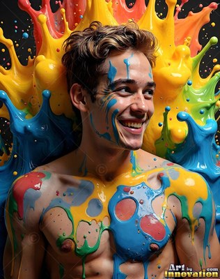 A laughing shirtless man turns as bright yellow and blue paint splashes behind him