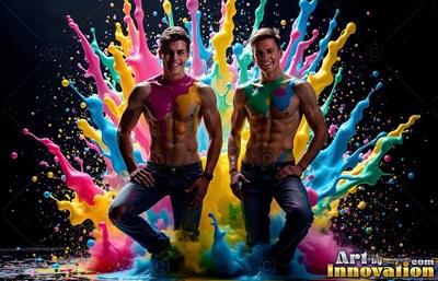 Standing shirtless in a dark studio, two smiling men pose before splashing paint