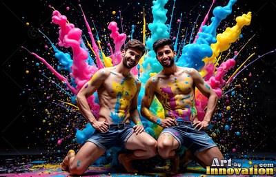 Two smiling shirtless men kneel in denim shorts as bright pink and blue powder bursts behind them