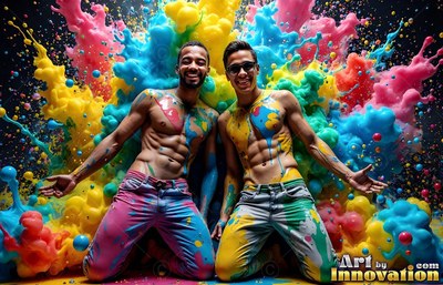 Before bursting yellow and pink clouds, two smiling shirtless men kneel in painted jeans