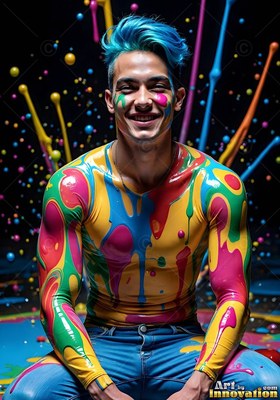 Smiling with blue hair, a seated man is covered in dripping colorful paint