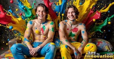 Two smiling shirtless men covered in colorful splashes of paint