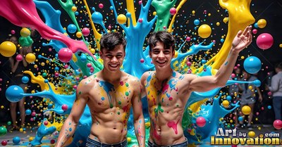 Splattered with blue and yellow paint, two shirtless men smile before flying paint drops