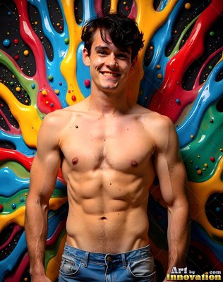A shirtless man smiles in front of splashed drips of glossy yellow, red, and blue paint