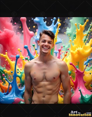 Facing forward, a laughing shirtless man stands before yellow and pink paint splashes