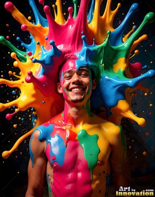 A bare-chested man smiling covered in thick splashes of pink, blue, and yellow paint