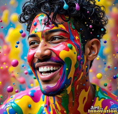 Before a yellow background, a man with a smile is covered in thick red and blue paint drops