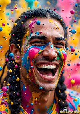 Laughing with open mouth, a braided man has pink and blue paint droplets on his face