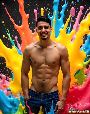 A shirtless man smiling with bright paint splashing behind him