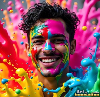 Pink liquid coats the face of a laughing man surrounded by flying splashes of yellow and blue paint