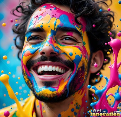 A smiling man tilts his head back as bright yellow and pink paint splashes across his face