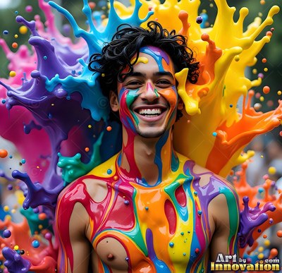 Facing forward outdoors, a grinning man is covered in thick rainbow paint splashes