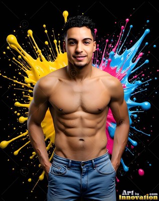 A shirtless man with a smile in jeans stands before yellow and blue paint splatters