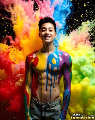 Before clouds of colored powder, a smiling shirtless man is covered in paint drips