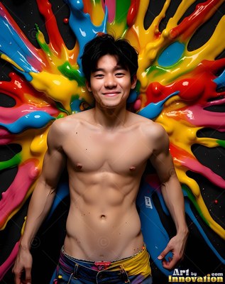 Smiling shirtless, a young man leans against a splash of colorful paint