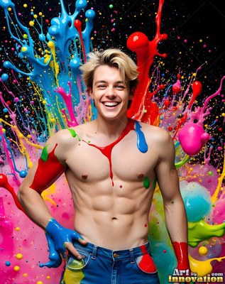 Shirtless man with a smile with paint splashing behind him
