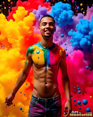 Drips of wet paint run down a bare-chested man smiling standing in clouds of bright powder