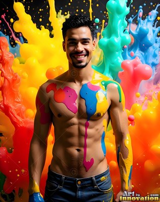 A shirtless man with a smile stands in front of bursting clouds of bright splashes of yellow and blue paint