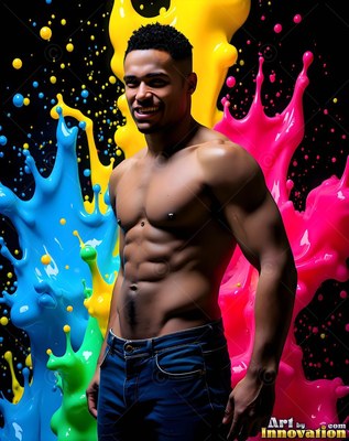 Standing shirtless in a dark studio, a cheerful man poses before blue and pink paint
