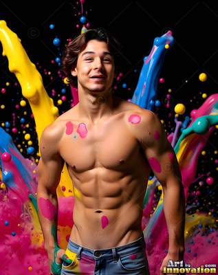 A shirtless smiling young man with pink spots on his skin in front of yellow flying paint splatters