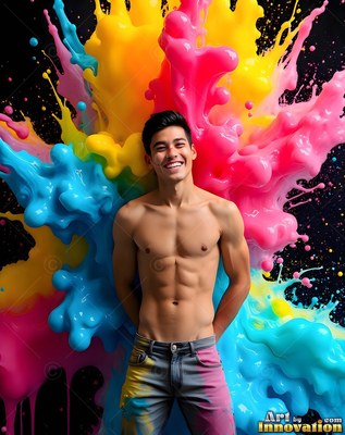 In front of blue and pink splashes of paint, a shirtless cheerful man poses in jeans