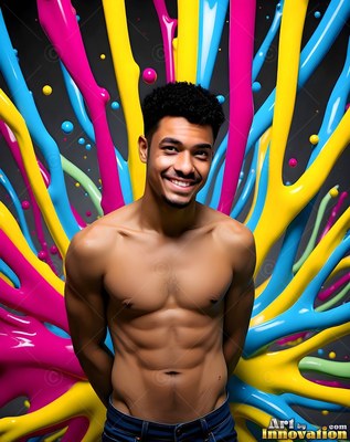 Smiling shirtless, a young man stands before splashes of pink, blue, and yellow paint