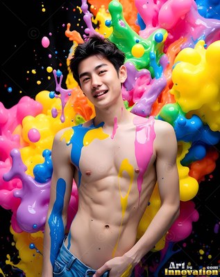 Shirtless cheerful man with paint dripping down his chest