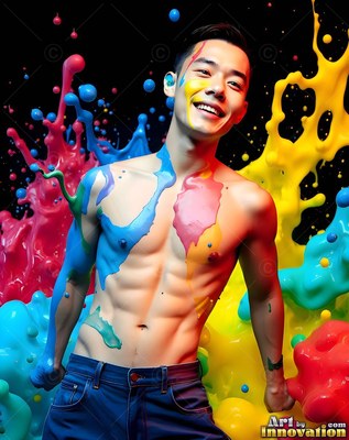 Blue jeans on a smiling, bare-chested man splashed in bright paint against dark space