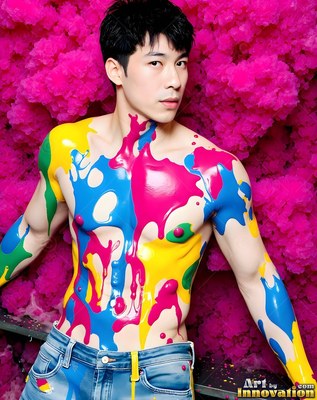 A shirtless man poses while covered in dripping paint, lit brightly against a pink backdrop
