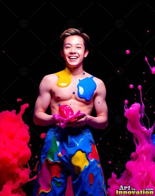 Smiling man facing forward in a dark studio, covered in bright bursts of paint