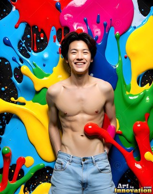 A shirtless young man smiles in blue jeans before splashes of bright paint
