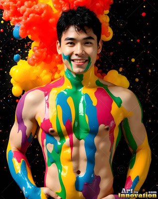 Against a dark backdrop, a shirtless man with a smile is coated in dripping paint