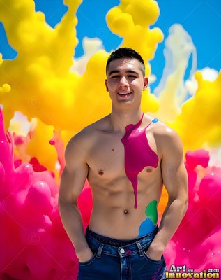 Smiling with hands in pockets, a shirtless man stands before yellow and pink splattering paint