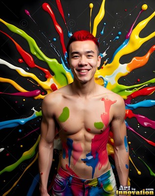 Smiling shirtless man covered in colorful paint splashes