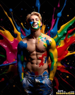 Paint-smeared jeans on a smiling, shirtless man posing before thick color splashes
