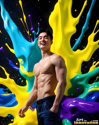 A smiling shirtless man stands as thick yellow and blue paint splashes behind him