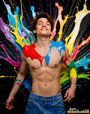 Standing against a dark background, a smiling man has paint splashing on his chest