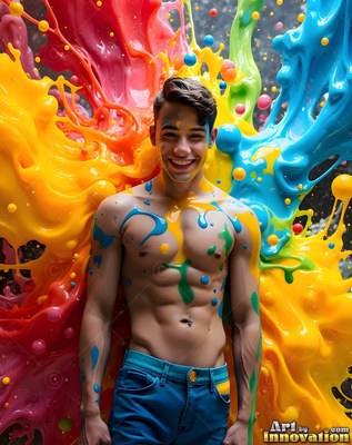 A bare-chested man smiling in blue jeans stands before bursts of yellow and pink paint