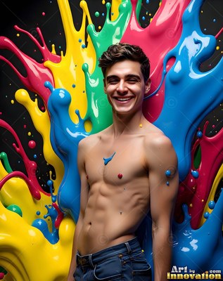 In front of bright flying paint splatters, a shirtless smiling man stands in blue jeans